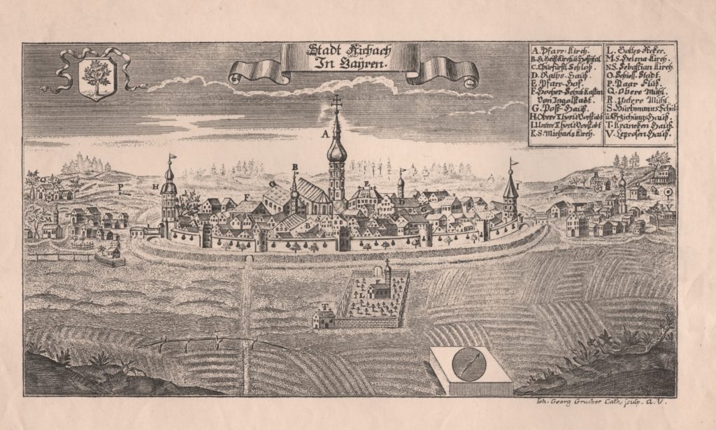 Kupferstich von Joh. Georg Grueber Stadt Aichach in der Mitte des 18. Jahrhunderts.